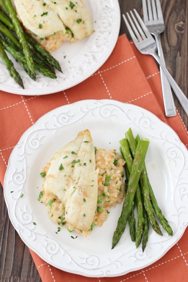 Creamy Carrot and Pea Rice, Roasted Flounder and Asparagus Cooking For