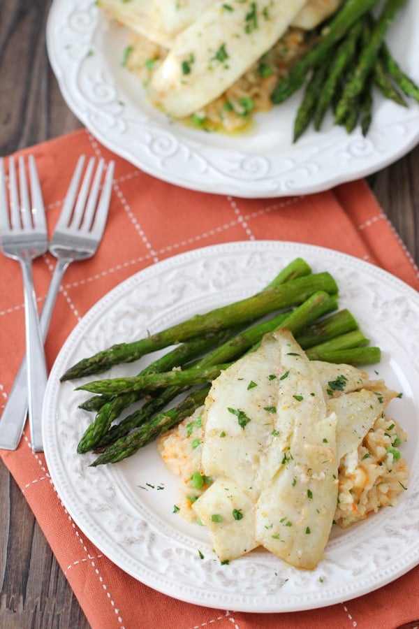 Creamy Carrot and Pea Rice, Roasted Flounder and Asparagus Cooking For