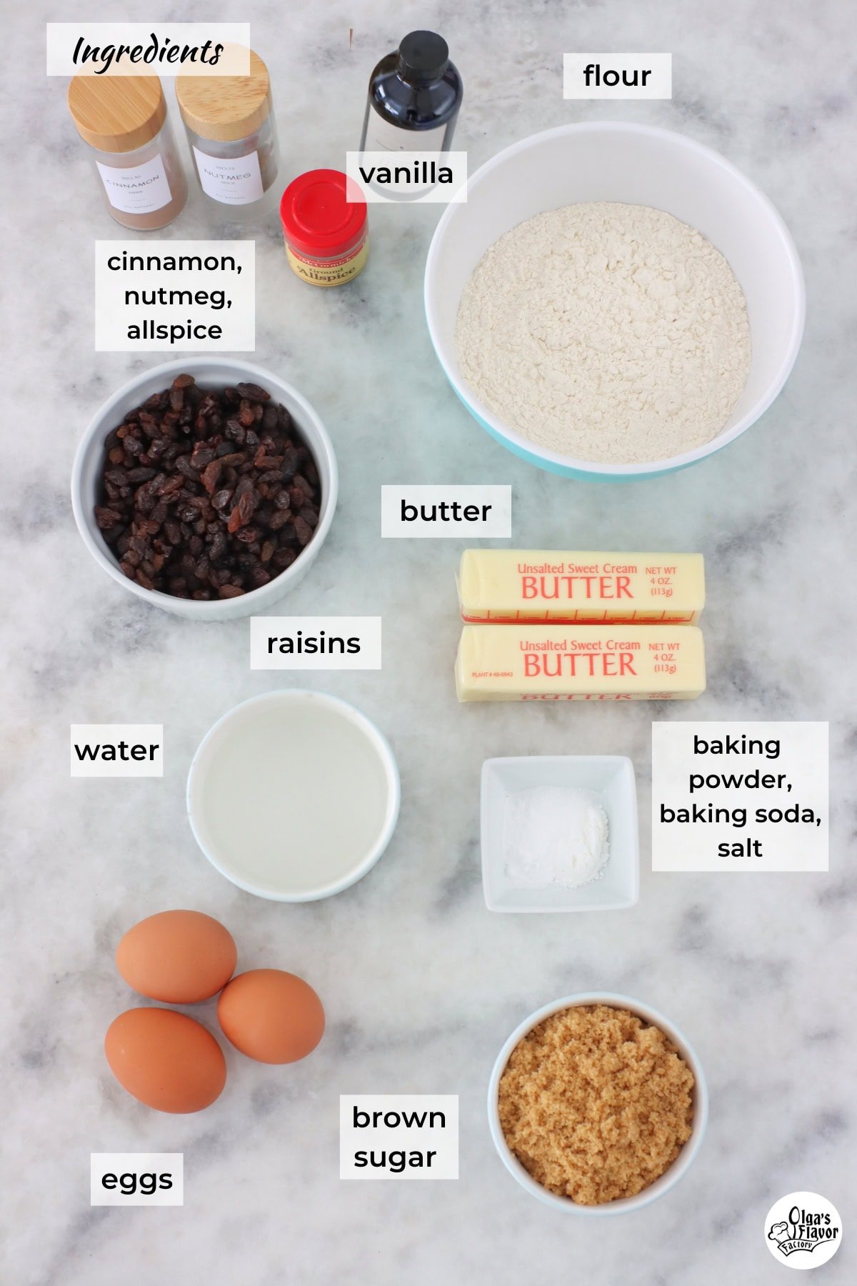 Ingredients for Soft Raisin Cookies on the counter.