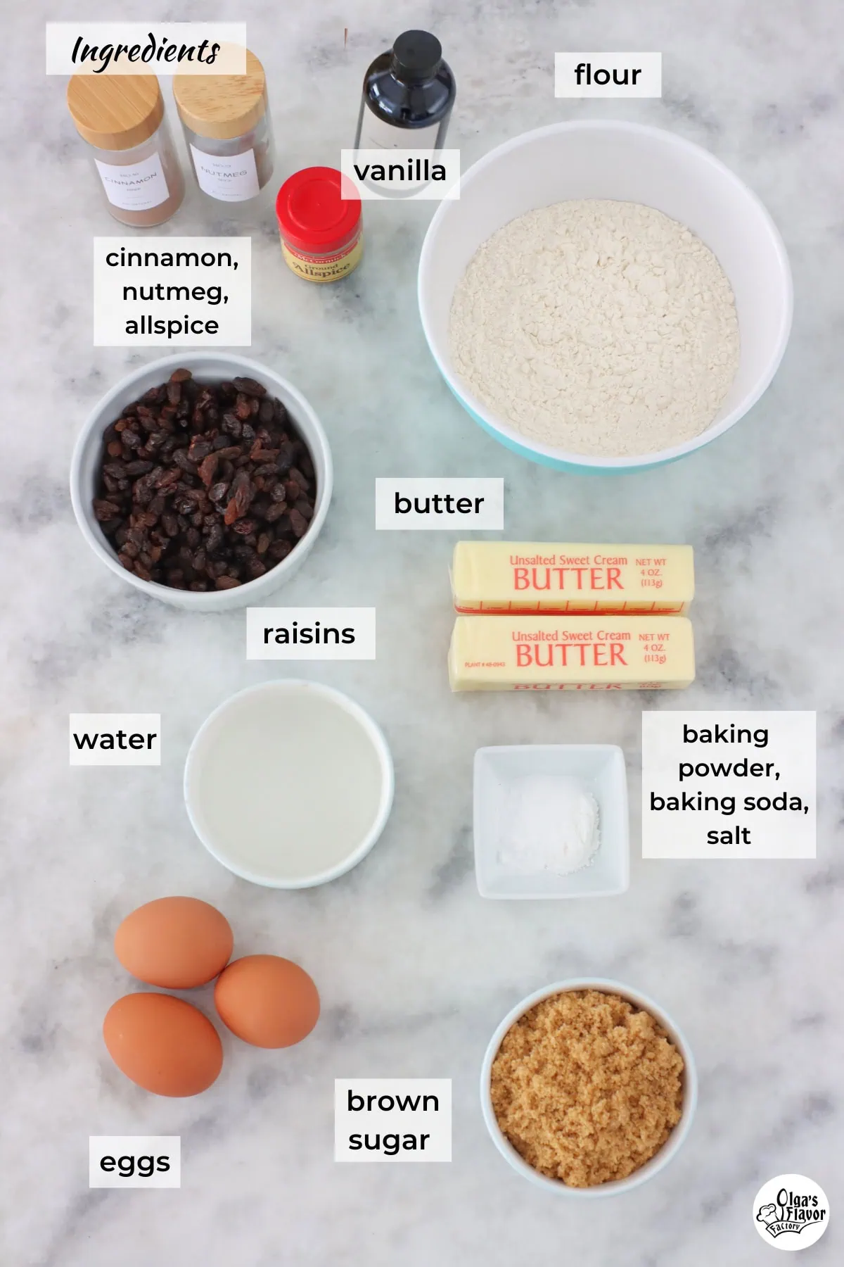 Ingredients for Soft Raisin Cookies on the counter. 