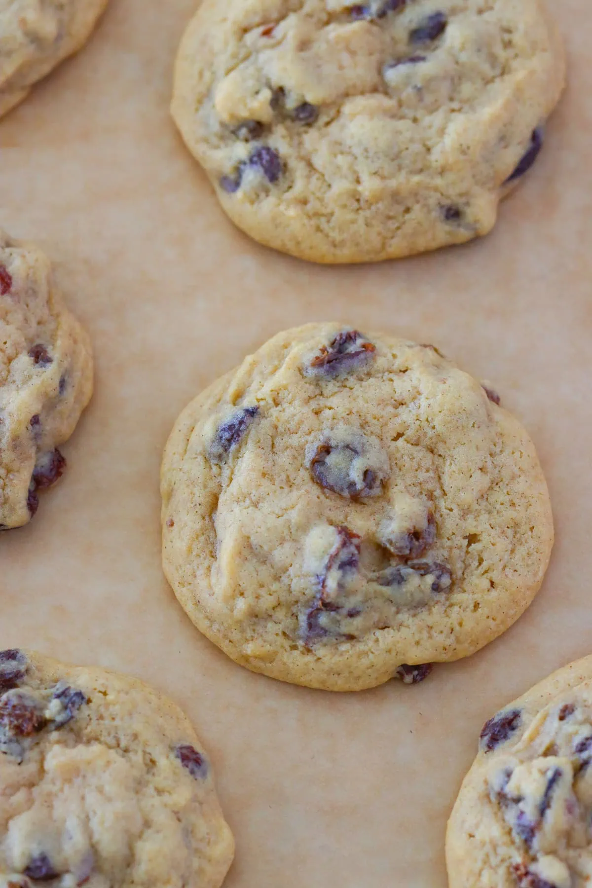 Soft Raisin Cookies on a baking sheet. 