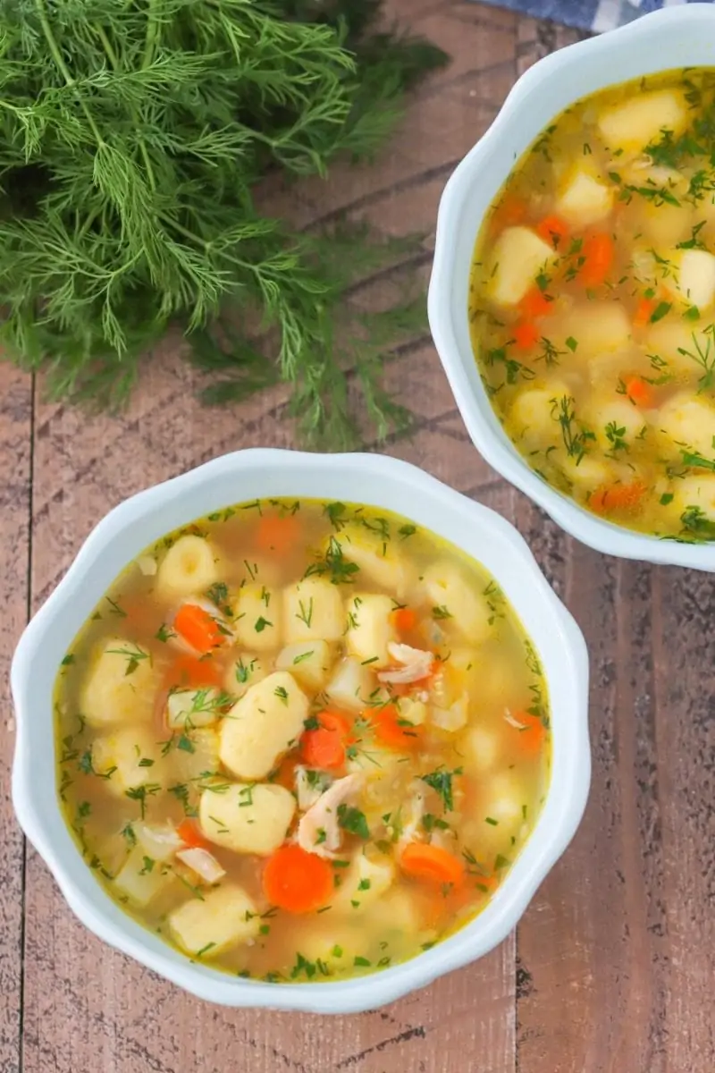 Chicken and Dumpling Soup with onion, carrots, celery, potatoes and pate choux dough dumplings