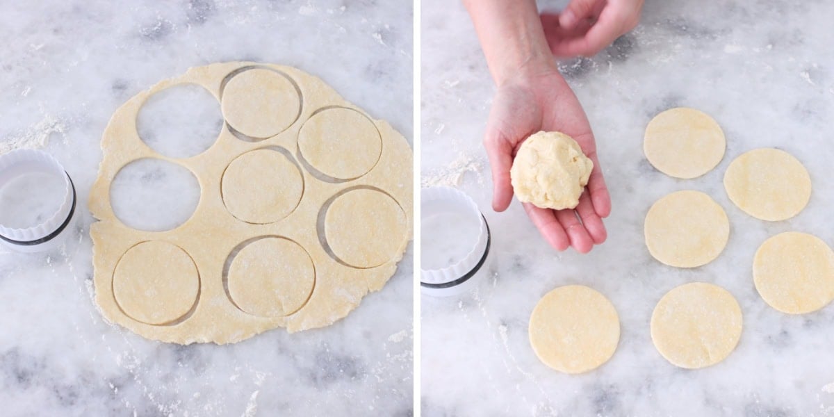 Cookie dough rolled out and cut into circles, saving scraps of leftover dough to make more cookies.