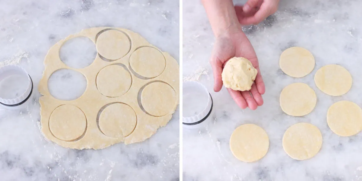 Cookie dough rolled out and cut into circles, saving scraps of leftover dough to make more cookies. 