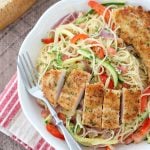 Chicken Scampi - angel hair pasta with zucchini, tomatoes, peppers, onion and breaded chicken tender