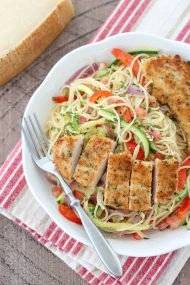 Chicken Scampi - angel hair pasta with zucchini, tomatoes, peppers, onion and breaded chicken tender