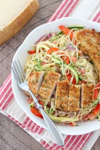 Chicken Scampi - angel hair pasta with zucchini, tomatoes, peppers, onion and breaded chicken tender