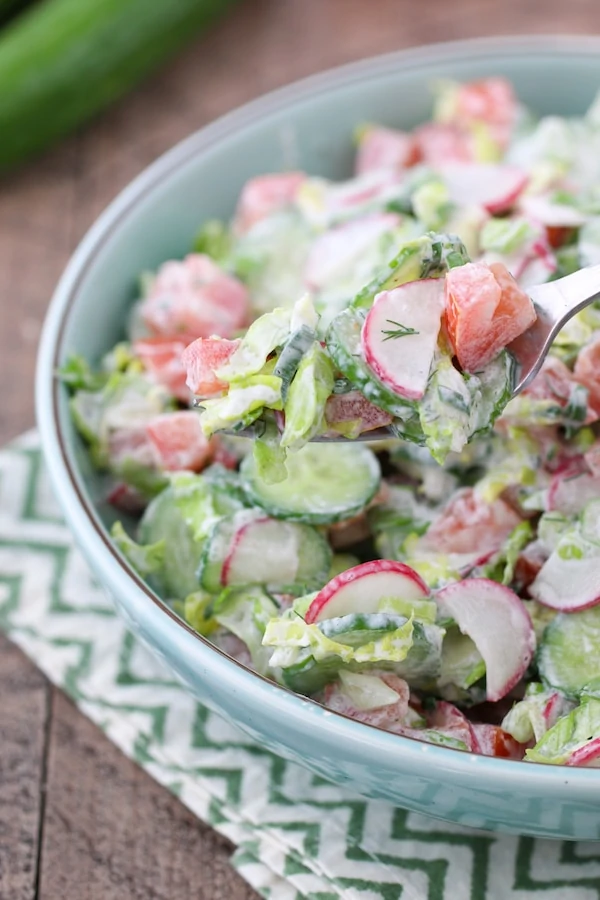 A bowl of sour cream salad with tomatoes, cucumbers, lettuce, radishes, dill and green onion.