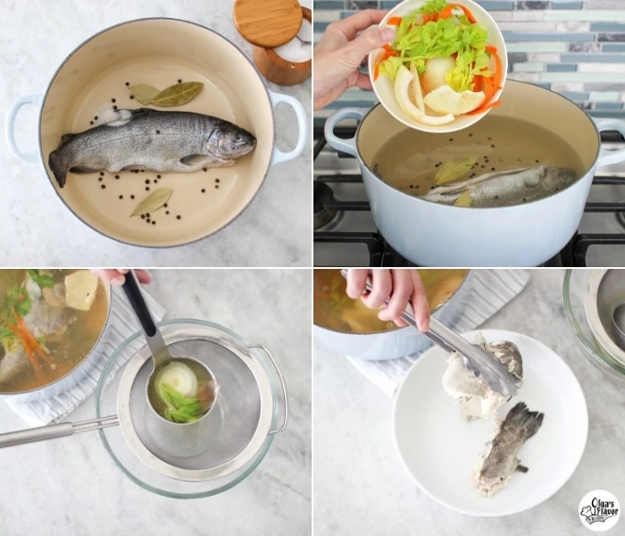 How to make fish broth step by step tutorial, using a whole fish, trout. 