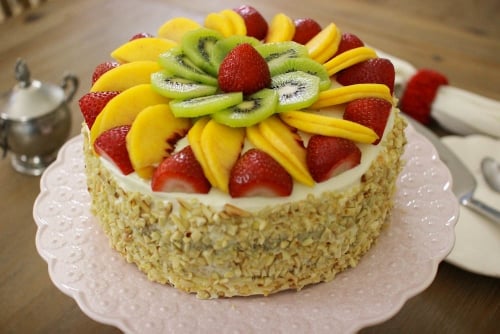 Fluffy Honey Layer Cake With Fruit And Almonds Olga S Flavor Factory