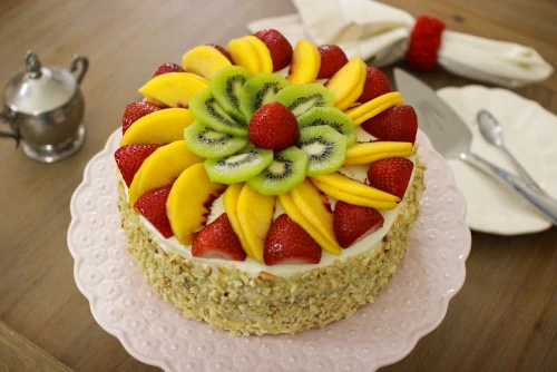 Fluffy Honey Layer Cake With Fruit and Almonds