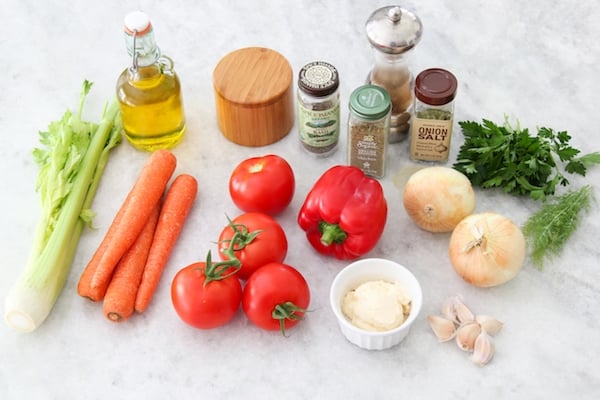 Vegetables to bake with fish - celery, carrot, tomatoes, bell pepper, onion, garlic and herbs