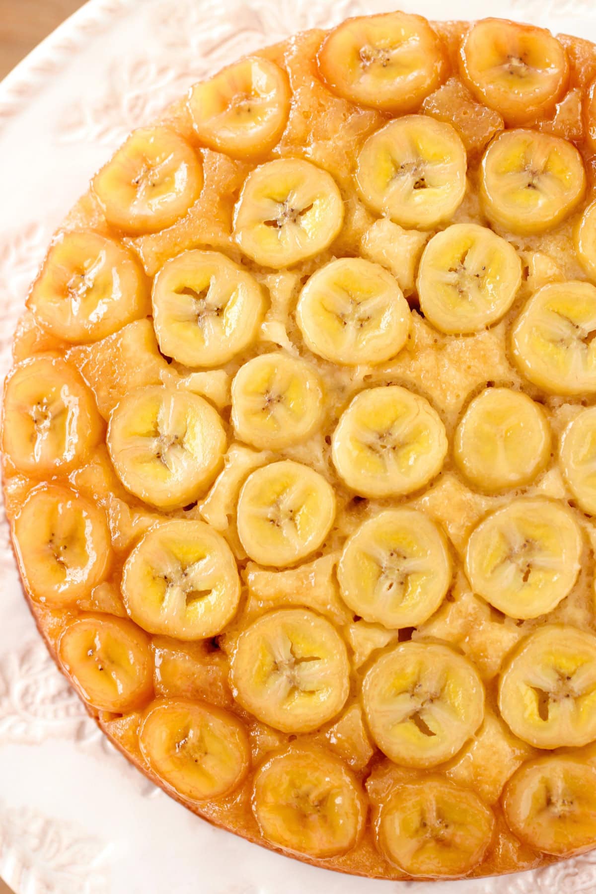 Close up shot of Banana Upside Down Cake.