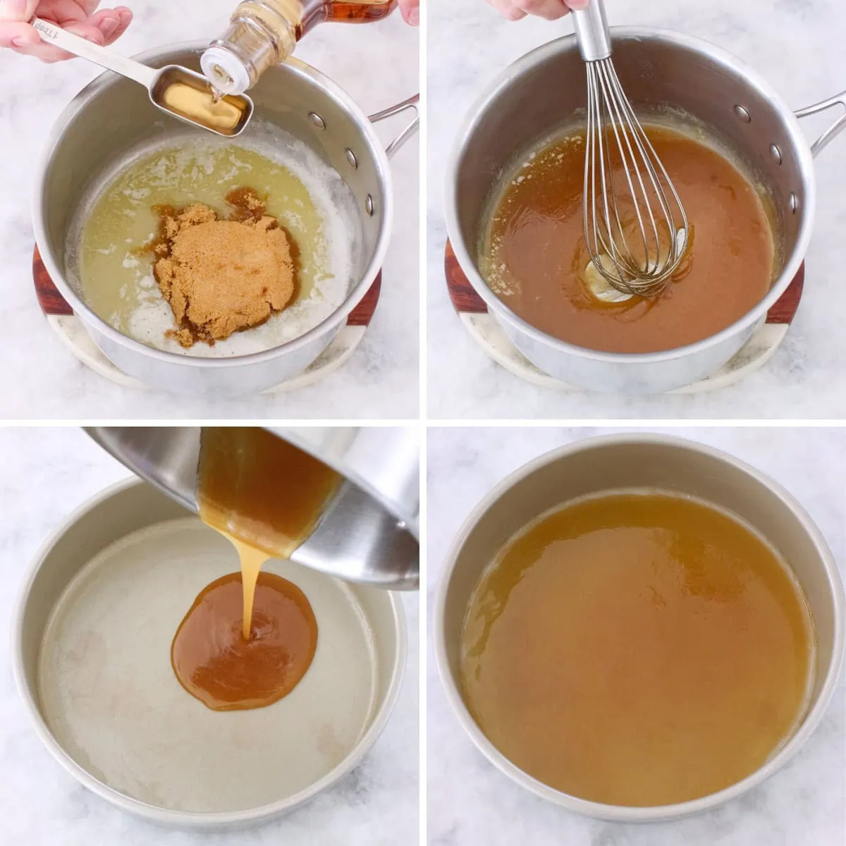 Banana Upside down cake, preparing the brown sugar topping in a small saucepan process shots. 