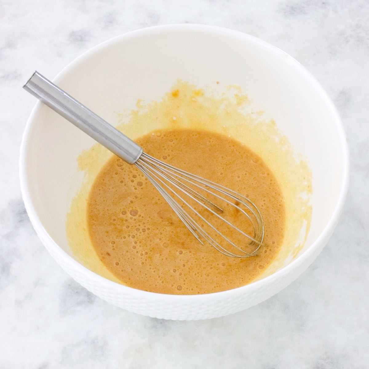 Banana upside down cake batter process shot.
