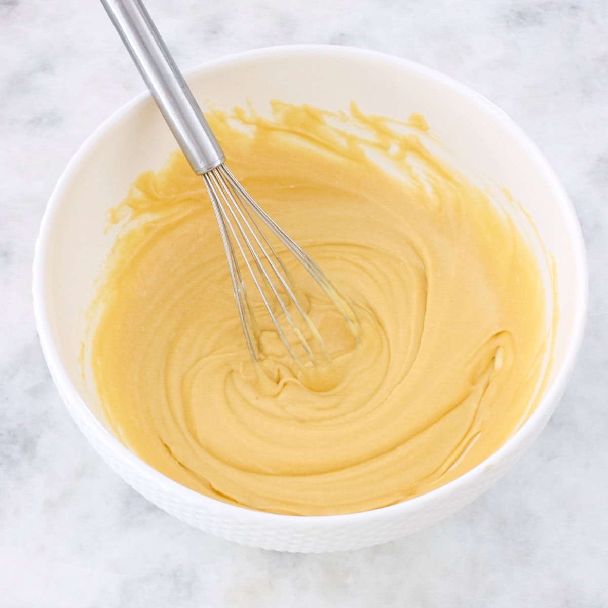 Banana upside down cake process shot, cake batter.