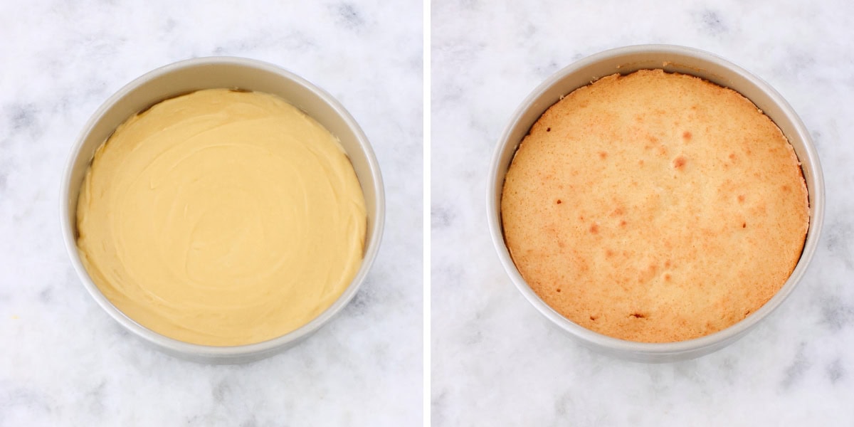 Banana upside down cake process, baking the cake.