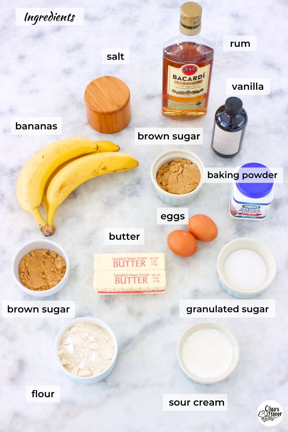 Ingredients for Banana Upside Down Cake on a marble counter.
