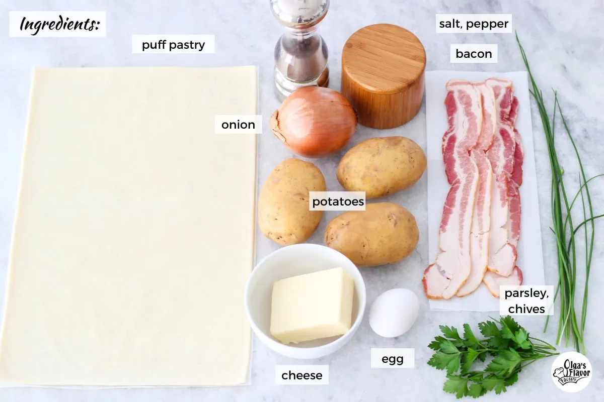 Ingredients for Potato Bacon Pastry on the counter. 