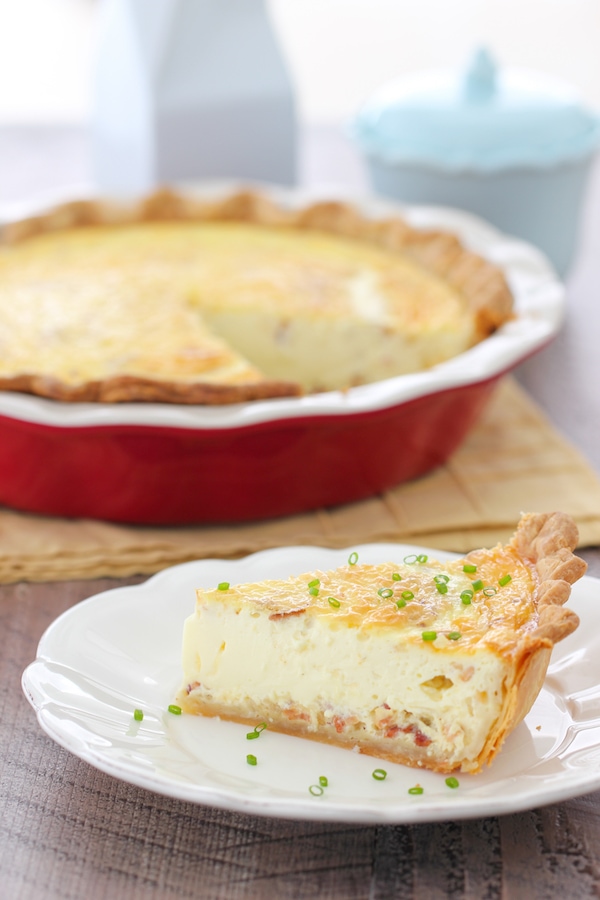 Quiche Lorraine - a breakfast pie with an egg, bacon, onion and cheese filling. 