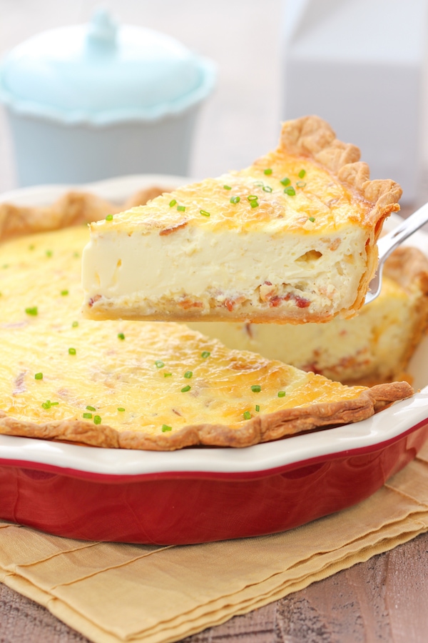 A slice of Quiche Lorraine - savory egg, bacon and cheese pie