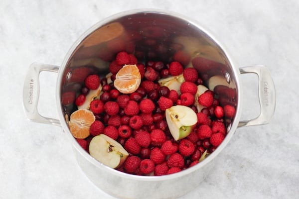 Cranberries, raspberries, apples and clementine in a stockpot. 