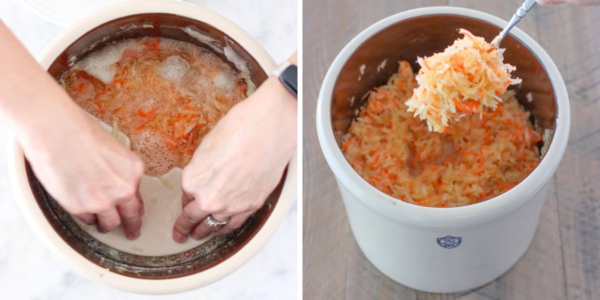 Fermenting sauerkraut in a crock.