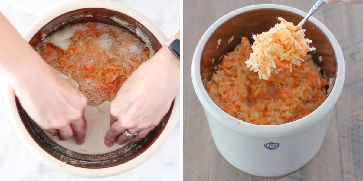Fermenting sauerkraut in a crock. 