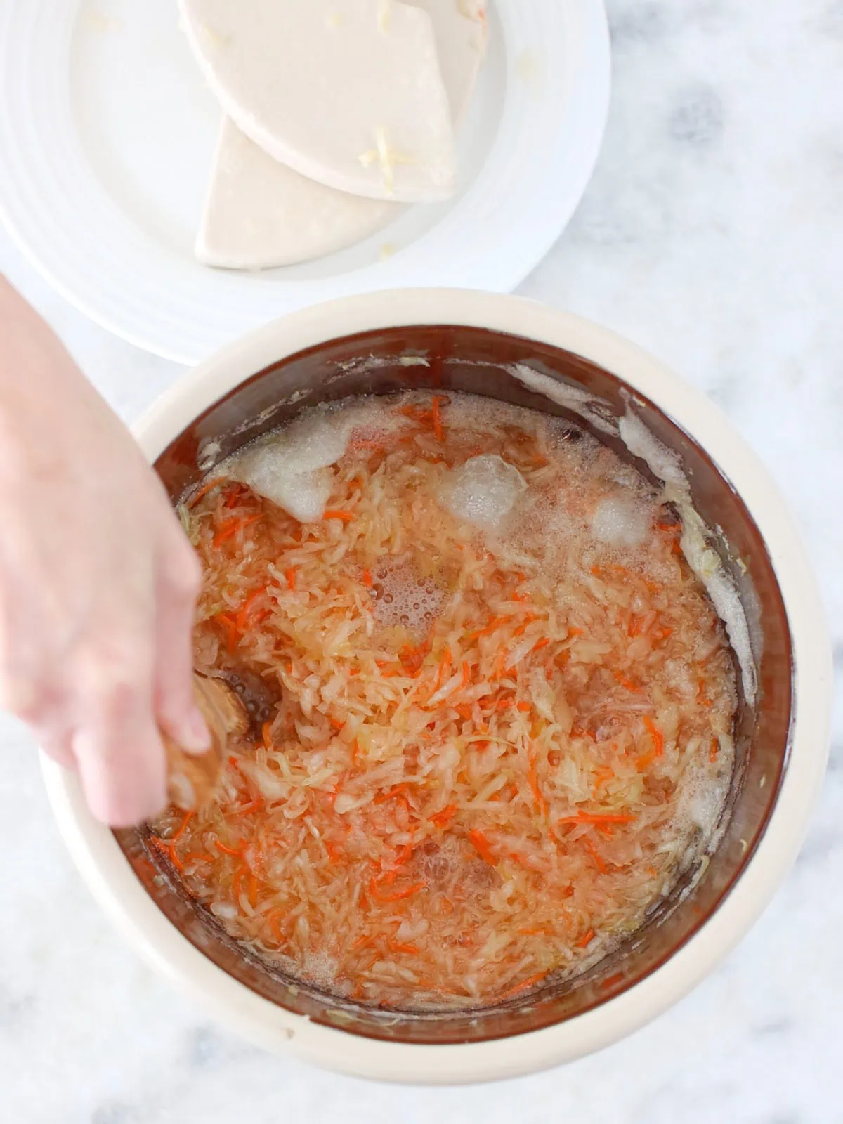 Fermenting homemade sauerkraut in a crock. 