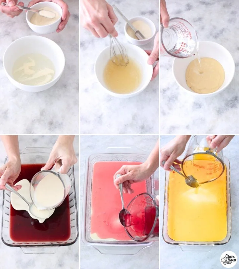 Layered Rainbow Jello - making the white layers and then assembling the colorful layers