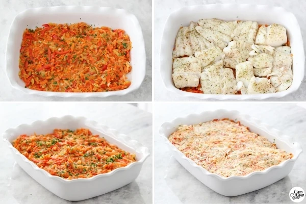 Assembling the fish and vegetables in a baking pan for the oven