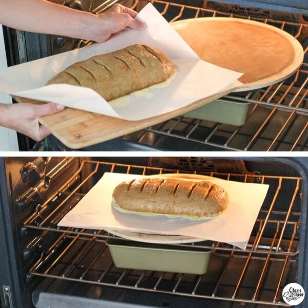 Baking Pumpernickel Bread - placing the bread on a pizza stone to bake