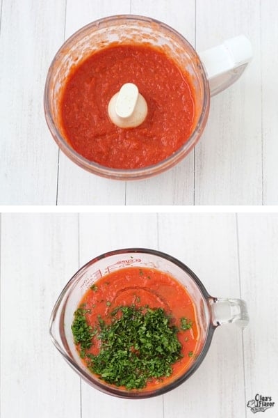 Pureeing roasted tomato sauce in food processor and adding fresh herbs