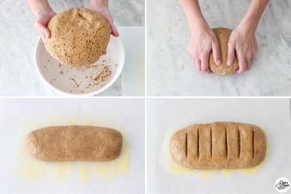 shaping pumpernickel bread dough into a loaf