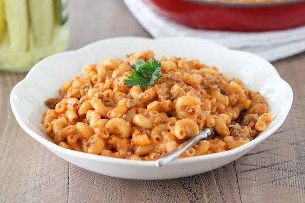 A bowl of homemade hamburger helper pasta or beef goulash pasta