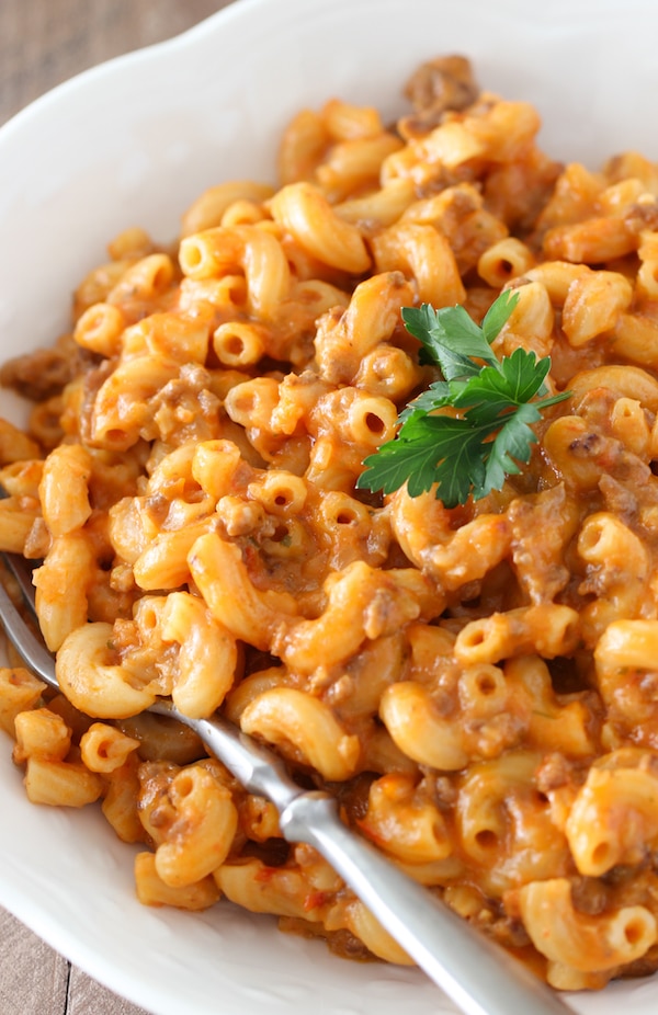 Cheeseburger Pasta Dinner made with a ground beef goulash cheesy sauce