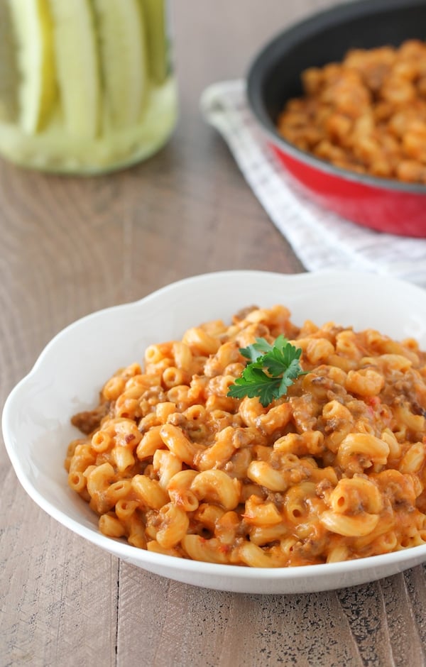 Skillet Cheeseburger Pasta - an easy dinner made in one skillet with cheesy pasta, ground beef and tomato sauce