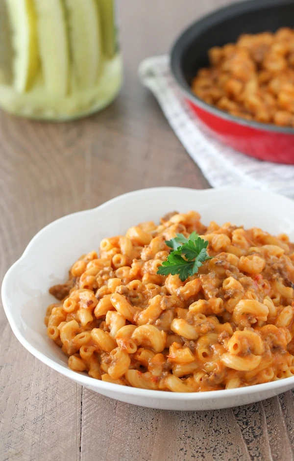 Skillet Cheeseburger Pasta - an easy dinner made in one skillet with cheesy pasta, ground beef and tomato sauce