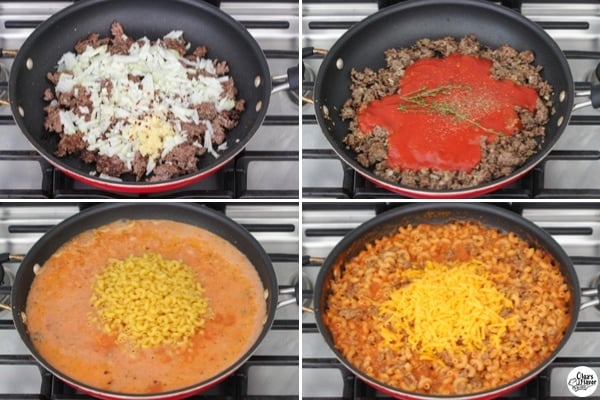 Skillet Cheeseburger Pasta Tutorial - step by step pictures cooking cheesy pasta and ground beef dinner