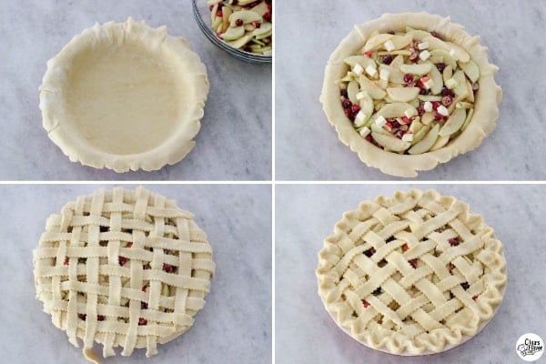 Assembling Apple Cranberry Pie with a lattice crust