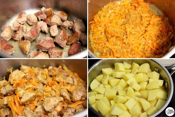 Tutorial photo of cooking braised potatoes with meat and vegetables.