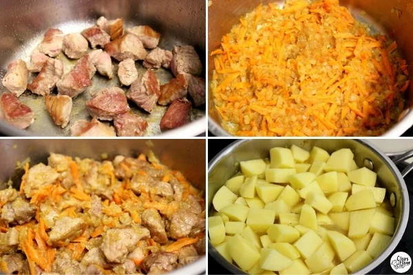 Tutorial photo of cooking braised potatoes with meat and vegetables. 