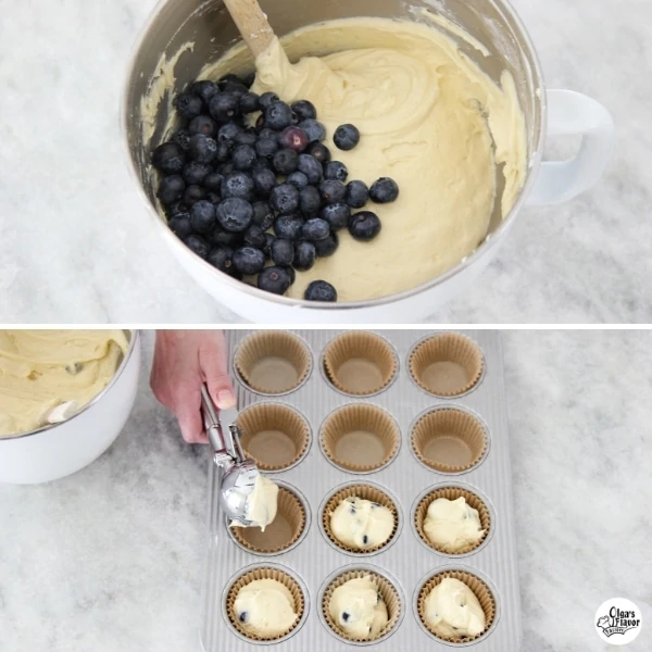 Adding blueberries to muffin batter and scooping out batter into muffin pan