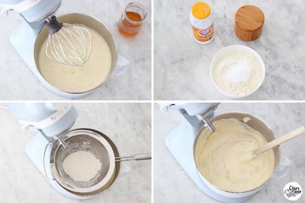 Step by step tutorial of how to make the batter for honey layer cake