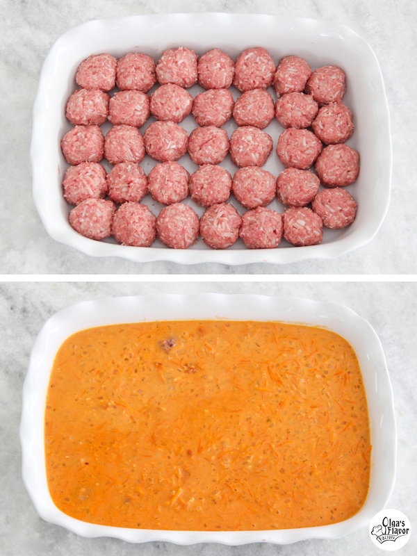 Baking beef and pork meatballs with rice in a cream sauce