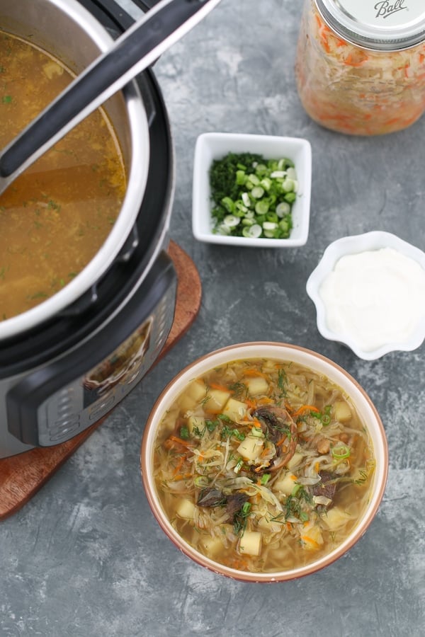 A bowl of Russian Shchi in the Instant Pot with dry mushrooms