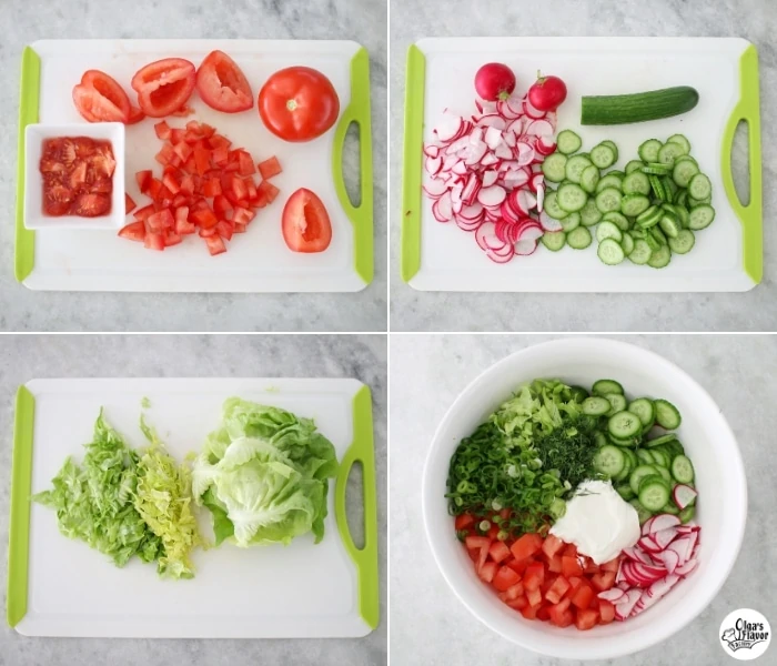 Step by step photo tutorial for how to make sour cream vegetable salad with tomatoes, radishes, cucumbers, lettuce, dill and green onion. 