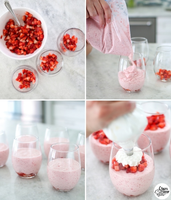 Portioning Strawberry Mousse into individual portions and chilling