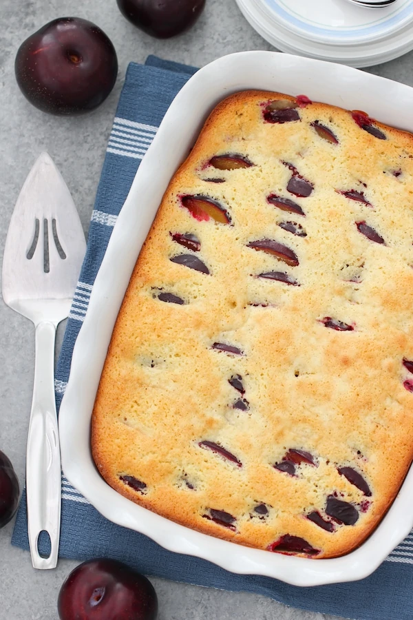 Plum Coffee Cake in a baking sheet, ready to be served