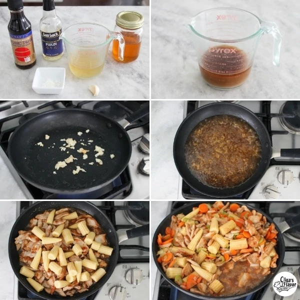 How to make home made stir fry sauce with broth, soy sauce, mirin, honey and cornstarch.
